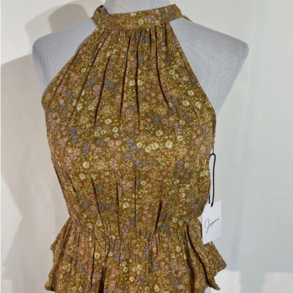 Japna Womens Medium Brownish Halter Neck Top Floral Print Open Back Peplum